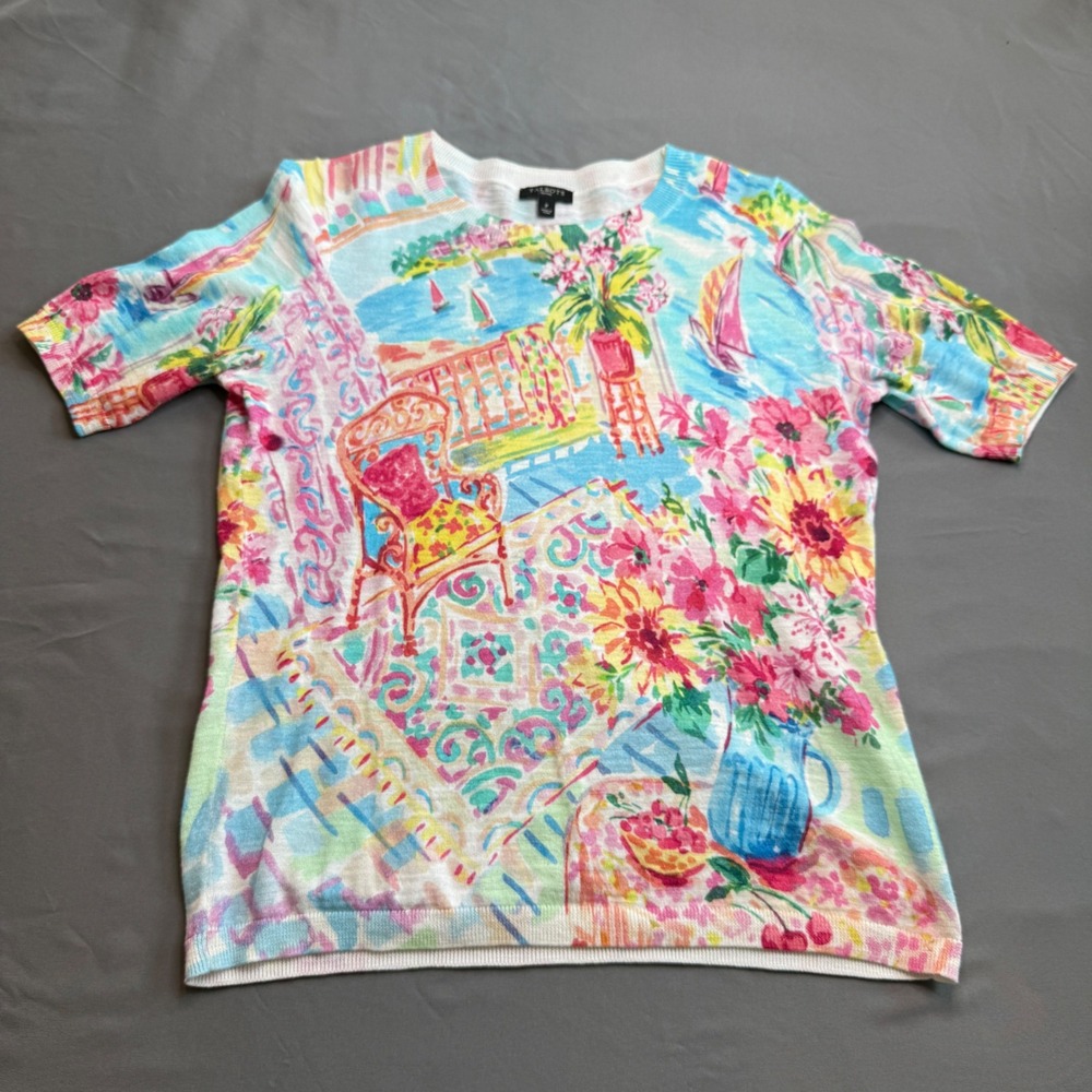 Talbots‎ Petites Coastal Scenic Floral Cotton Short Sleeve Sweater Multicolor P